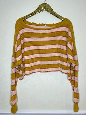Free People Just My Stripe Cropped Knit Distressed Sweater in Mustard and Pink S